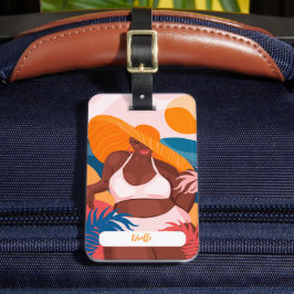 Etiqueta De Bagagem Mulher Negra Curvy, Pronta para Férias de Praia