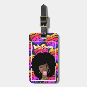 Etiqueta De Bagagem Mulher Negra, Olá Verão Colorida Folhas Tropicais