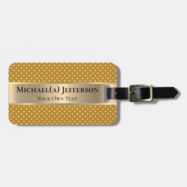 Etiqueta De Bagagem Mustard Yellow Polka Dots Gold Band Personalized (Frente Horizontal)