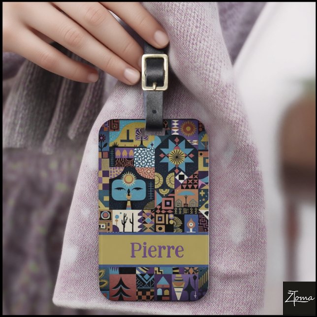 Etiqueta De Bagagem Muted Earthy Folk Art Patchwork Quilt (Criador carregado)