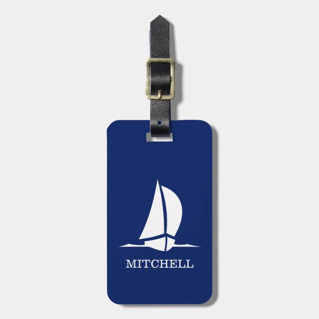 Etiqueta De Bagagem Navio-vela azul personalizado (Frente Vertical)