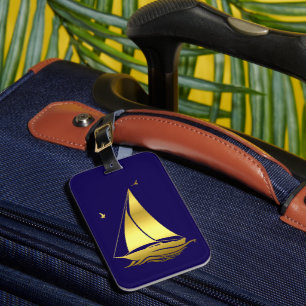 Etiqueta De Bagagem Navio/veleiro/marinho-azul-embarcação/ouro