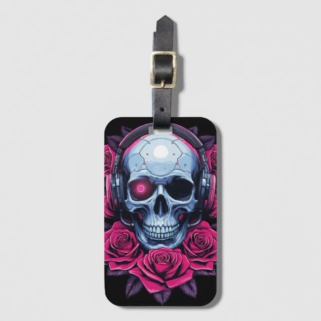 Etiqueta De Bagagem Néon Cyber Death Skull e Rosas Black (Frente Vertical)