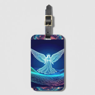 Etiqueta De Bagagem Neon White Angel sobre a bagagem de fundo da galáx