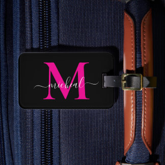 Etiqueta De Bagagem Nome com Letra Miúda em Rosa e Preto Elegante