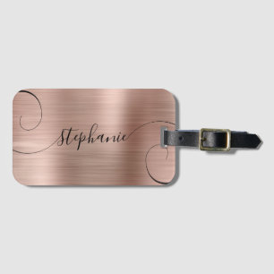 Etiqueta De Bagagem Nome Curly Script Elegante Folha de Ouro Rosa