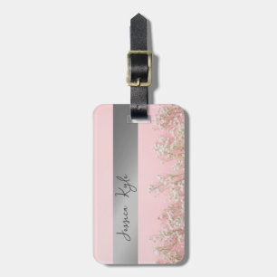 Etiqueta De Bagagem Nome da Tipografia Floral Elegante Rosa e Dourada