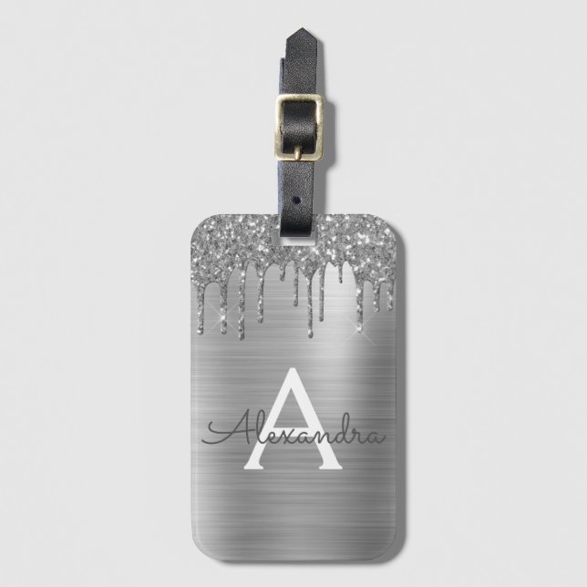 Etiqueta De Bagagem Nome de Monograma de Metal Brilhante Prateado (Frente Vertical)