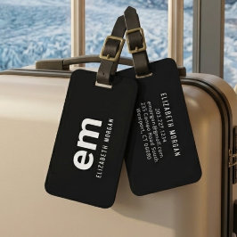 Etiqueta De Bagagem Nome de Monograma Moderno Preto Viagem Elegante