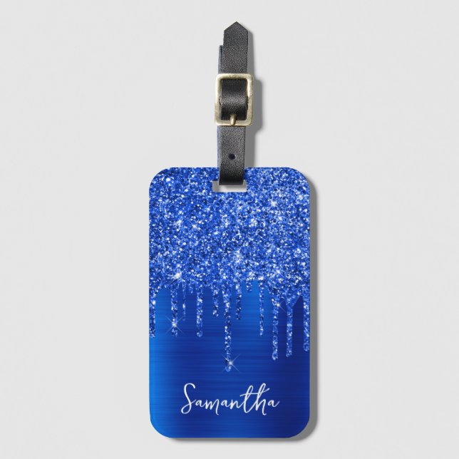 Etiqueta De Bagagem Nome do Glitter Real Azul (Frente Vertical)