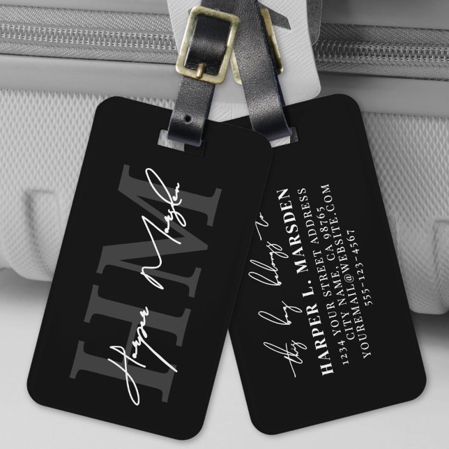 Etiqueta De Bagagem Nome do Monograma Branco Preto (Black White Elegant Monogram Name Luggage Tag)