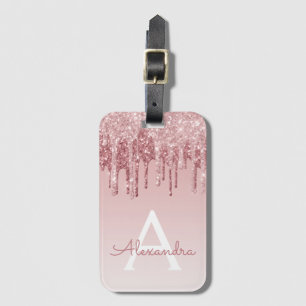 Etiqueta De Bagagem Nome do Monograma da Glitter Glitter Rosa Dourado