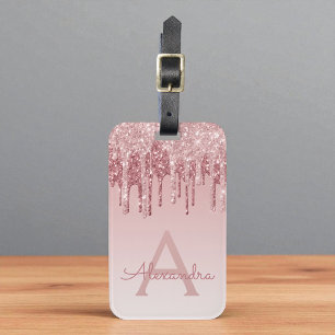 Etiqueta De Bagagem Nome do Monograma do Glitter Glitter de rosa Doura