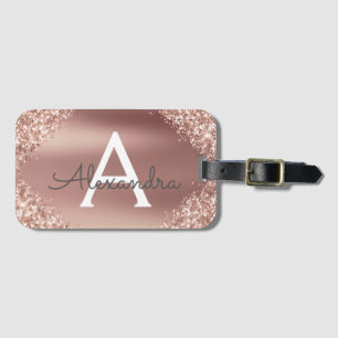 Etiqueta De Bagagem Nome do Monograma do Glitter Metal Dourado rosa e 