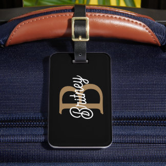 Etiqueta De Bagagem Nome do Monograma Elegante Moderno Script Dourado 