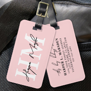 Etiqueta De Bagagem Nome do Monograma Menino Elegante Rosa Esbranquiça