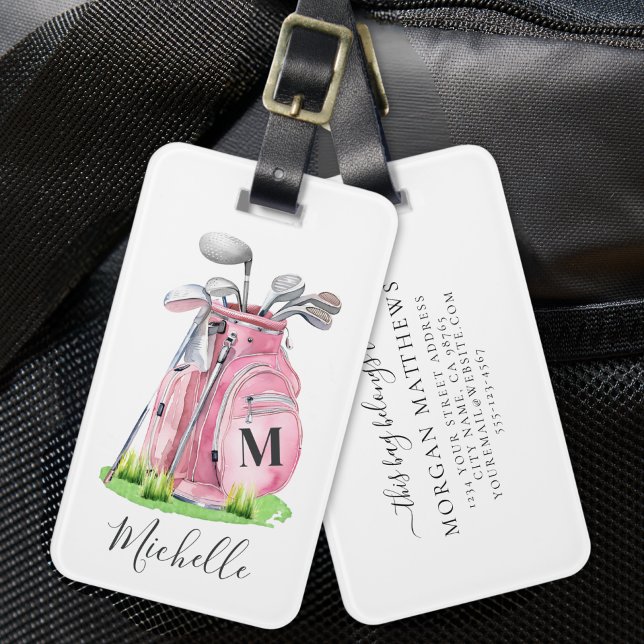 Etiqueta De Bagagem Nome do Monograma Rosa Golf (Pink Monogram Name Golf Luggage Tag)