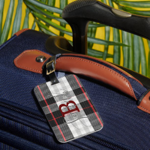 Etiqueta De Bagagem Nome do Monograma Verificado do Tartan Preto e Bra