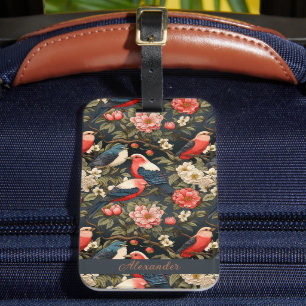 Etiqueta De Bagagem Nome do Padrão de Aves e Flores decorativas na mod
