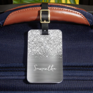 Etiqueta De Bagagem Nome do Script do Glam do Silver Glittery