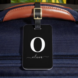 Etiqueta De Bagagem Nome do script do monograma preto e branco persona