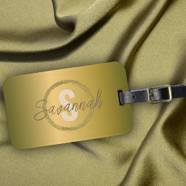 Etiqueta De Bagagem Nome e Inicial Luxuoso em Metal Dourado Elegante