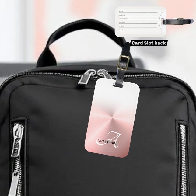 Etiqueta De Bagagem Nome Elegante Monograma Rosa Dourado Faux Metal (faux metallic monogram back luggage tag slot back)
