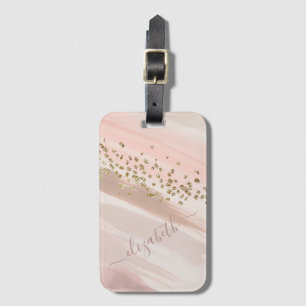 Etiqueta De Bagagem Nome em Letra de Forma Rosa com Brilho Dourado Mod