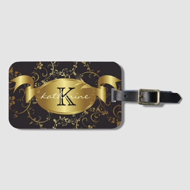 Etiqueta De Bagagem Nome floral preto Dourado do monograma (Frente Horizontal)