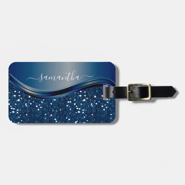 Etiqueta De Bagagem Nome manuscrito Marinho Blue Metal Glitter (Frente Horizontal)