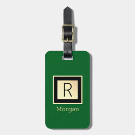 Etiqueta De Bagagem Nome & Monograma, Caixa Preta & Dourada, Verde Flo