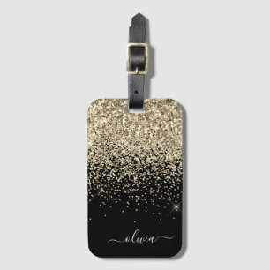 Etiqueta De Bagagem Nome Monograma Menina Brilho Glitter Dourado Preto
