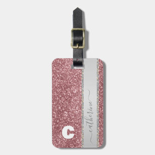 Etiqueta De Bagagem Nome Monogramado com Faixa Rosa Brilhante Elegante