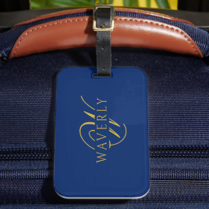 Etiqueta De Bagagem Nome Personalizado com Monograma Azul Marinho