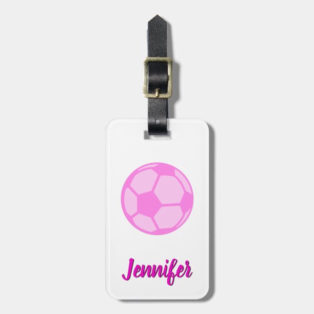Etiqueta De Bagagem Nome Personalizado da Bola de Futebol Rosa (Frente Vertical)