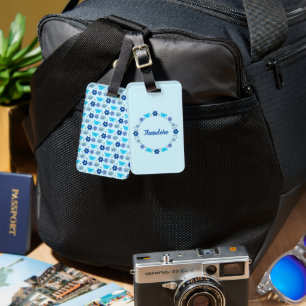 Etiqueta De Bagagem Nome Personalizado das Borboletas e Flores Blue Ba