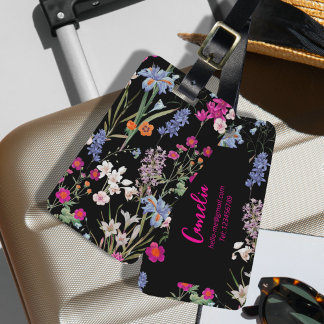 Etiqueta De Bagagem Nome Personalizado de Padrão Floral Preto Colorido