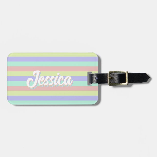 Etiqueta De Bagagem Nome Personalizado de Stripes de Pastel Retroativo (Frente Horizontal)