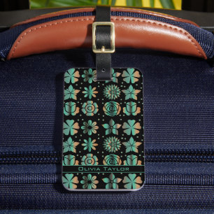 Etiqueta De Bagagem Nome personalizado do padrão floral verde de raban