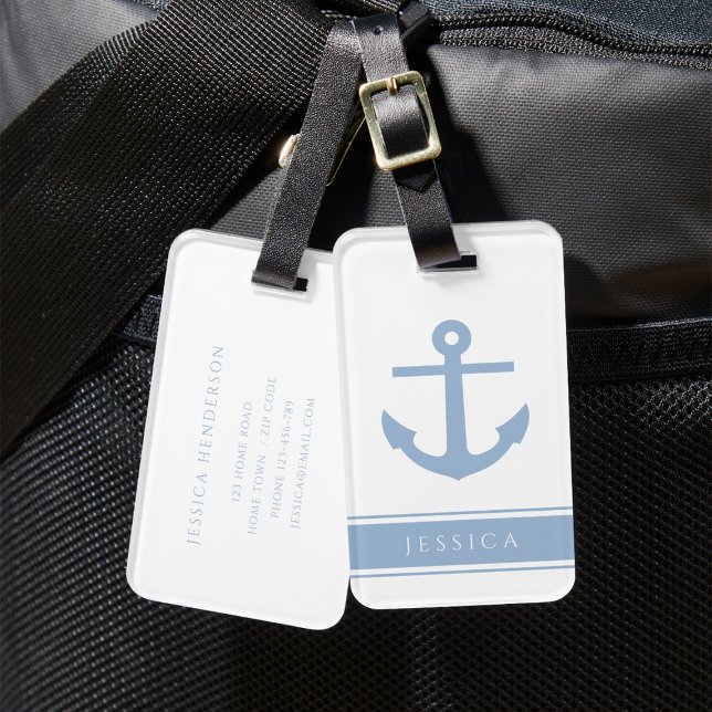 Etiqueta De Bagagem Nome Personalizado Dusty Blue Náutico (Modern Blue Nautical Anchor Custom Name Luggage Tag)