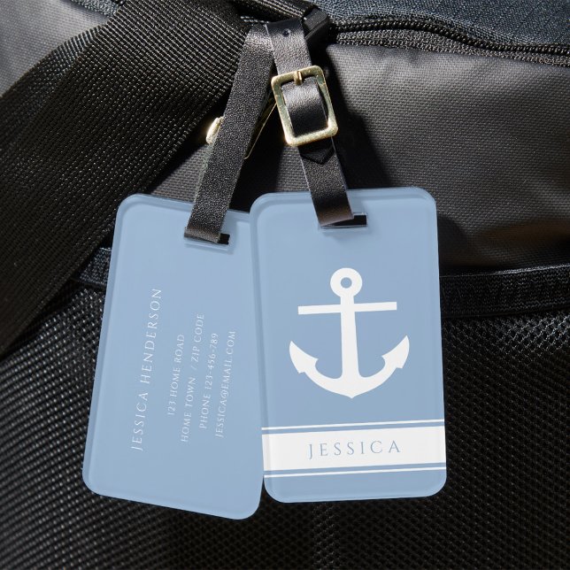 Etiqueta De Bagagem Nome Personalizado Dusty Blue Náutico (Nautical Anchor Custom Name Blue Luggage Tag)