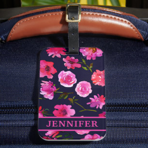 Etiqueta De Bagagem Nome Personalizado Floral de Cor D'Água Rosa