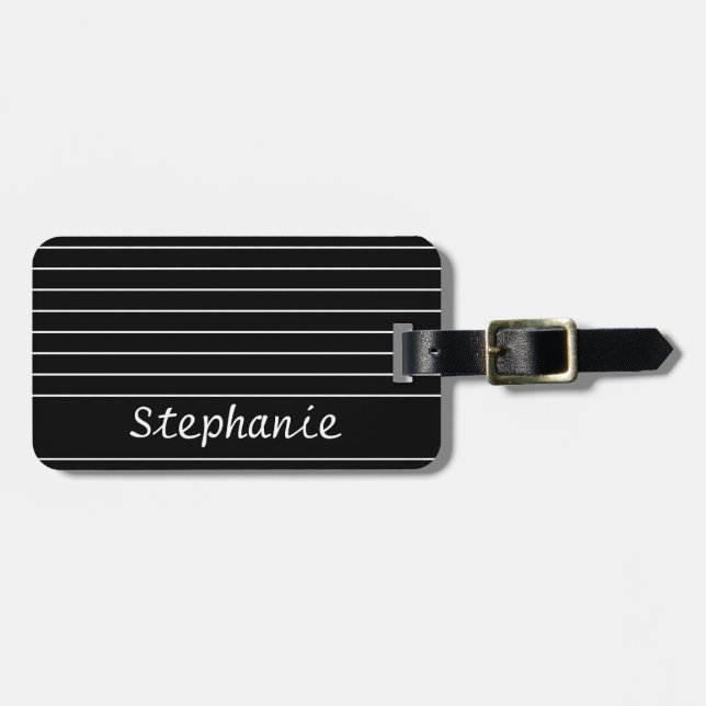Etiqueta De Bagagem Nome Personalizado Monograma Black White Stripes E (Frente Horizontal)