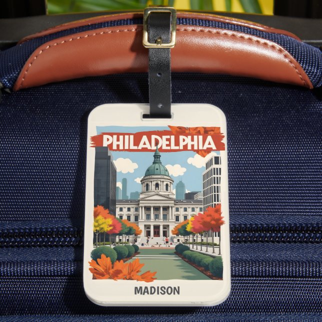 Etiqueta De Bagagem Nome Personalizado Retro Philadelphia (Frente Insitu 2)