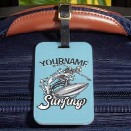 Etiqueta De Bagagem Nome personalizado Surfer Big Wave Skeleton surfin