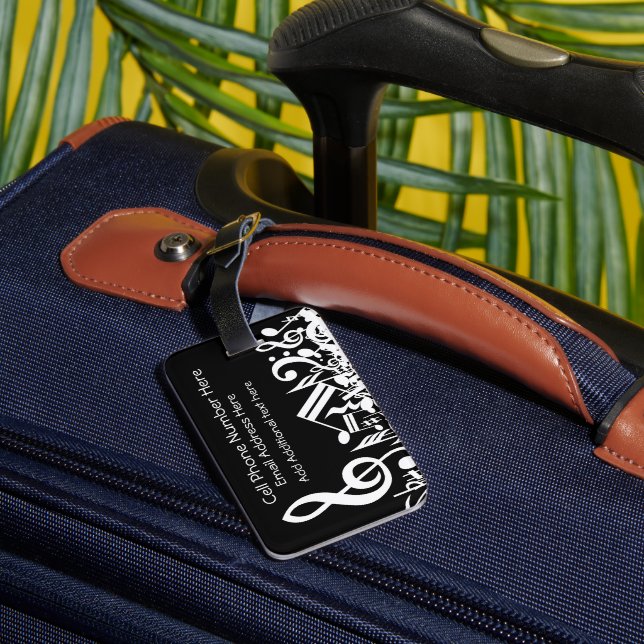 Etiqueta De Bagagem Notas Musicais Brancas Personalizadas em Preto (Verso Insitu 3)