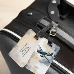 Etiqueta De Bagagem Nuvens de Avião Azul e Dourado Aquarela Elegante