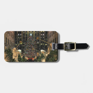 Etiqueta De Bagagem NYC Rockefeller Center Xmas Tree Caindo Neve