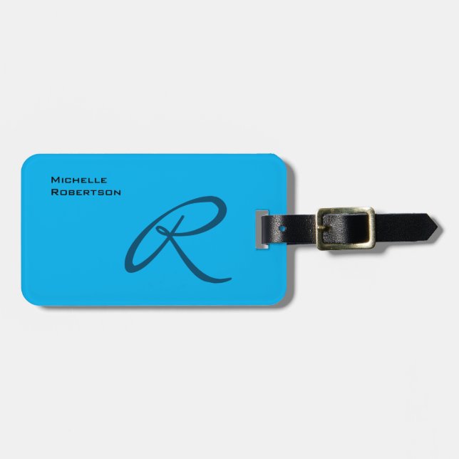 Etiqueta De Bagagem Ocean Sky Blue Modern Plain Monograma Profissional (Frente Horizontal)