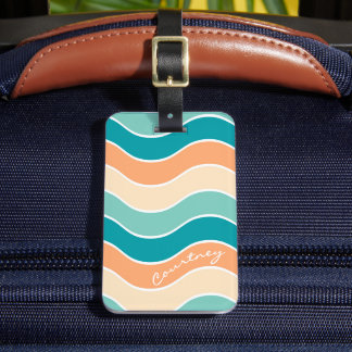Etiqueta De Bagagem Onda Retro Groovy Azul Turquesa Laranja Creme Pers